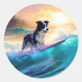 Sticker Rond Peinture de Surf sur Plage de Border Collie (Devant)