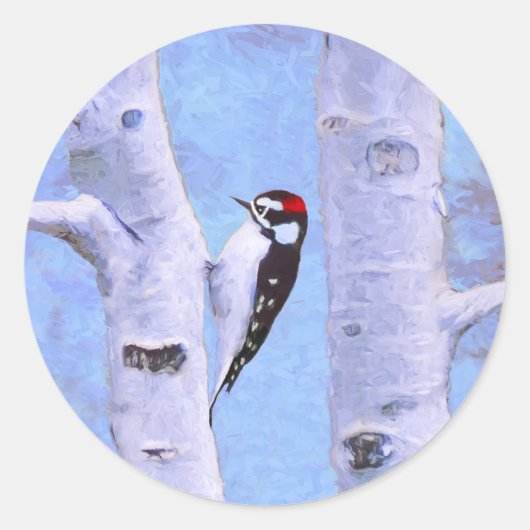 Sticker Rond Peinture Downy Woodpecker - Art original pour oise (Devant)