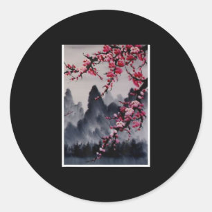 Sticker Rond Peinture Japon Art Cherry Blossom Mountain