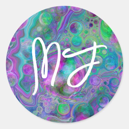 Sticker Rond Peinture Monogramme violet et pour bleu (Devant)