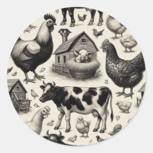 Sticker Rond Peinture vintage d'animaux de ferme