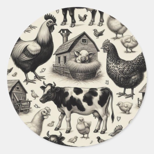 Sticker Rond Peinture vintage d'animaux de ferme (Devant)