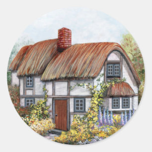 Sticker Rond Peinture vintage de cottage de pays de Thached