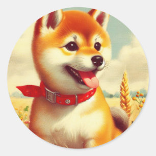 Sticker Rond Peinture vintage Shiba Inu