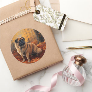 Sticker Rond Pékinois dans les feuilles d'automne tombent inspi