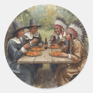 Sticker Rond Pèlerins et Indiens Pizza au Pepperoni Bière Brune