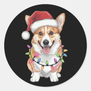 Sticker Rond Pembroke Welsh Corgi Père Noël Lumières de l'arbre
