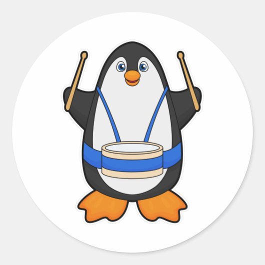 Sticker Rond Penguin comme musicien avec tambour (Devant)