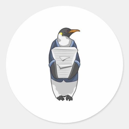 Sticker Rond Penguin comme secrétaire avec pile de papier (Devant)
