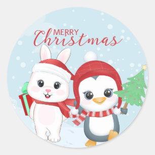 Sticker Rond Penguin de Noël et lapin