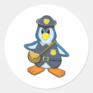 Sticker Rond Penguin en tant que femme de police avec sac à mai