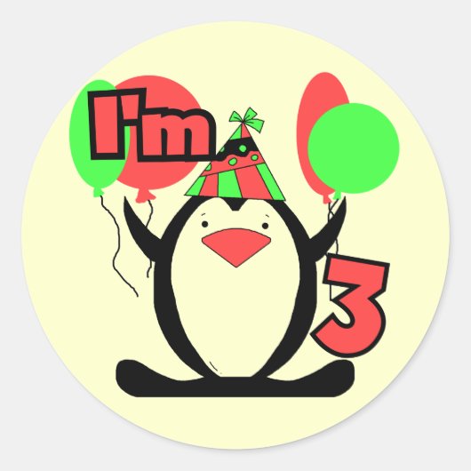 Sticker Rond Penguin I'm 3 Anniversaire Tshirts et cadeaux (Devant)