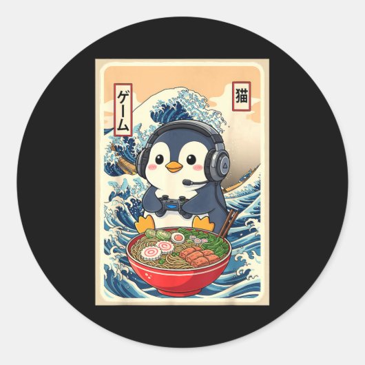 Sticker Rond Penguin Kawaii Japanese Ramen Noodle Retro Gaming  (Devant)