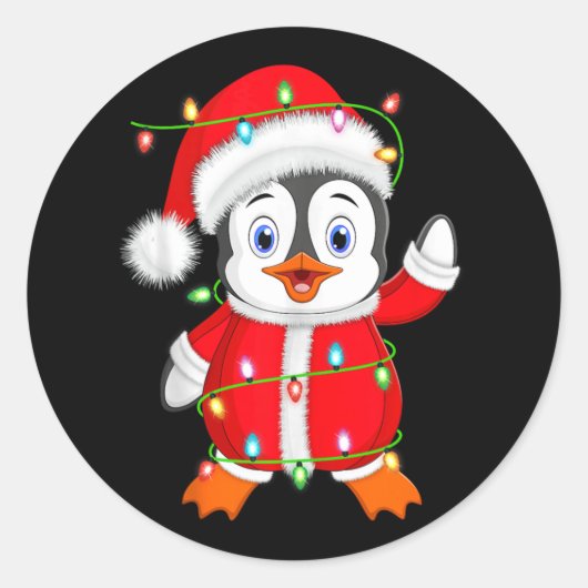 Sticker Rond Penguin Xmas Éclairage Père Noël Costume Penguin C (Devant)