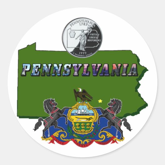 Sticker Rond Pennsylvanie Carte, trimestre, drapeau et texte de (Devant)