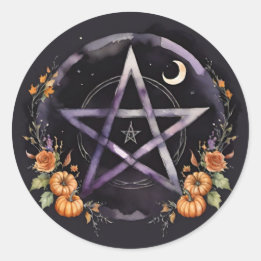 Sticker Rond Pentacle de Samhain et sorcière aux citrouilles d'