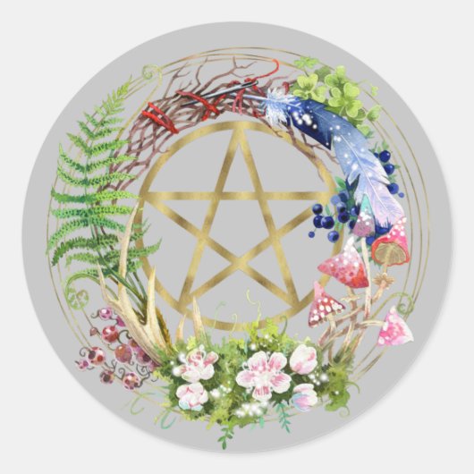 Sticker Rond Pentacle Or Nature Fleurs de couronnes Bohème (Devant)