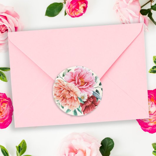 Sticker Rond Peonies de Pêche Rose Bourgogne Feuilles floraux