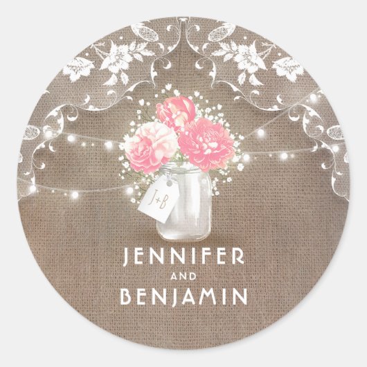 Sticker Rond Peonies et Baby's Breath Mason Jar Dentelle rustiq (Devant)