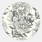 Sticker Rond Peonies et papillons bloquent l'impression, noir e (Devant)