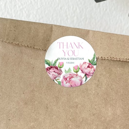 Sticker Rond Peonies rose pâle Merci d'aquarelle