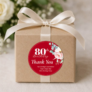 Sticker Rond Peony on Red Birthday Tags cadeaux/Sticker rond