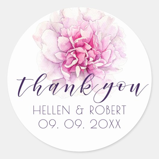 Sticker Rond Peony rose clair et merci typographie (Devant)