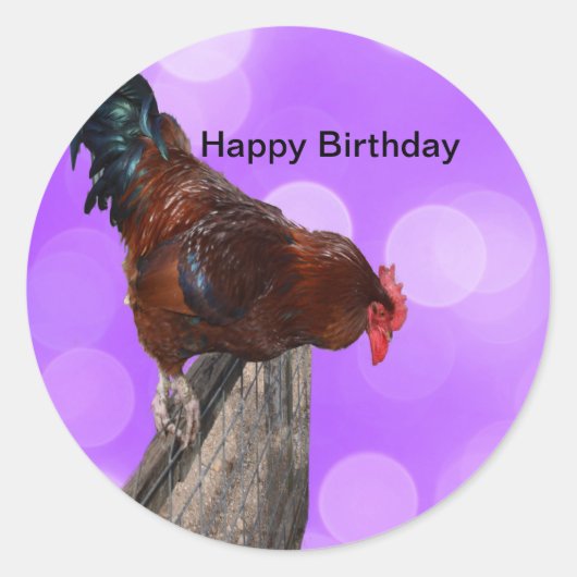 Sticker Rond Perché en Majesté : coq sur Dreamy Purple Glow (Devant)