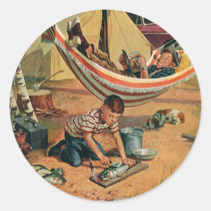 Sticker Rond Père et fils campeurs vintage, Bonne fête des père