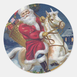 Sticker Rond Père Noël À Cheval Blanc