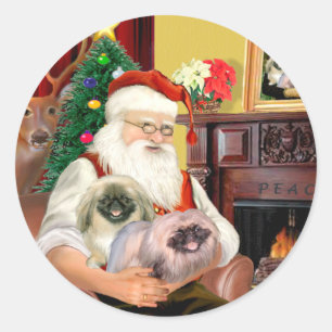 Sticker Rond Père Noël à la maison - Pékinois (R) - Père Noël