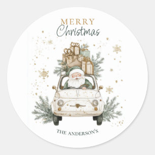 Sticker Rond Père Noël à l'aquarelle élégante Voiture Neige Joy