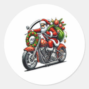 Sticker Rond Père Noël à moto motard de Noël