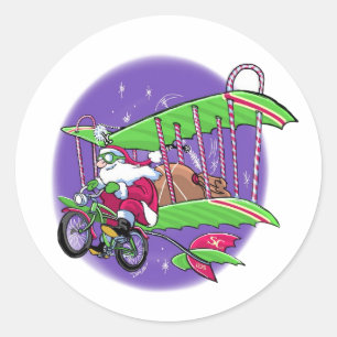 Sticker Rond Père Noël à vélo volant