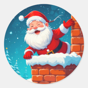 Sticker Rond Père Noël agitant joyeusement dans la cheminée