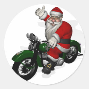 Sticker Rond Père Noël amusant sur une vieille moto verte vinta