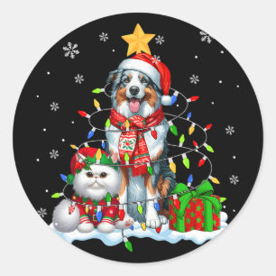 Sticker Rond Père Noël Australian Shepherd avec Elf Cat Noël L