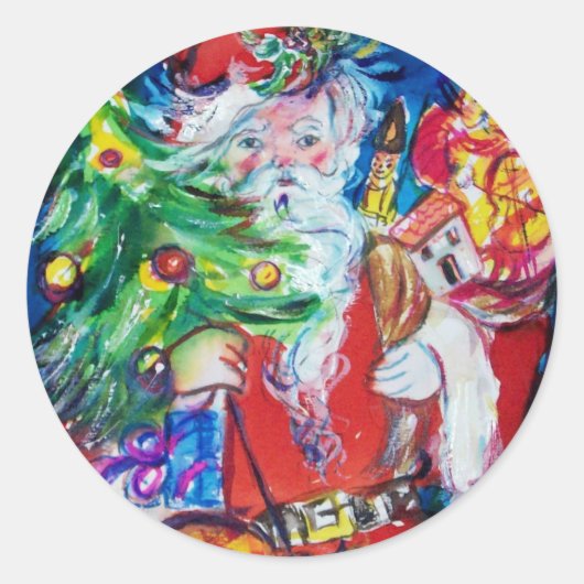 STICKER ROND PÈRE NOËL AVEC ARBRE DE NOËL ET CADEAUX (Devant)