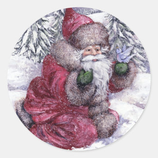 STICKER ROND PÈRE NOËL AVEC OISEAU DE BLUEBIRD