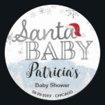 Sticker Rond Père Noël Baby Christmas Baby shower<br><div class="desc">Calligraphie adorable avec des flocons de neige,  invitation à la douche pour bébé sur le thème de l'hiver. Facile à personnaliser avec vos détails. Vérifiez la collection pour rechercher les éléments correspondants comme cartes de boîtier.</div>