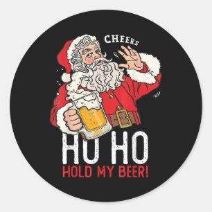 Sticker Rond Père Noël buvant de la bière Ho Ho Tiens ma bière