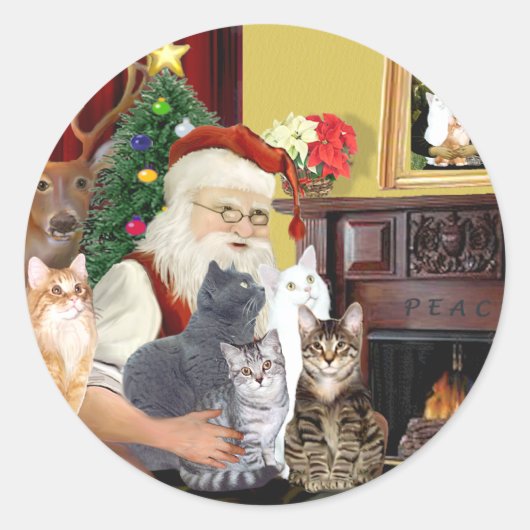 Sticker Rond Père Noël, cinq chats (Devant)
