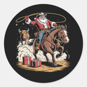 Sticker Rond Père Noël Cowboy Noël Vintage Cheval Vache 