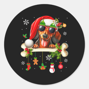 Sticker Rond Père Noël Dachshund Sungles Jote Bone Xmas proprié