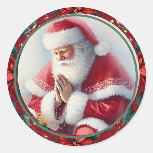 Sticker Rond Père Noël de Noël catholique avec Rosary Poinsetti (Devant)