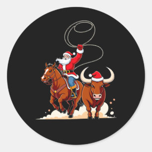 Sticker Rond Père Noël de Noël Cowboy Lasso Taureau Montant Rod