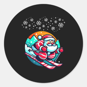 Sticker Rond Père Noël de Noël faisant du ski sur une pente cab