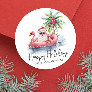 Sticker Rond Père Noël de Noël sur la plage Joyeuses Fêtes