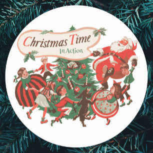 Sticker Rond Père Noël de Noël vintage et enfants dansants