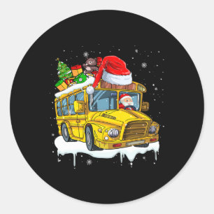 Sticker Rond Père Noël Driving School Bus Xmas Tree Colorful Co